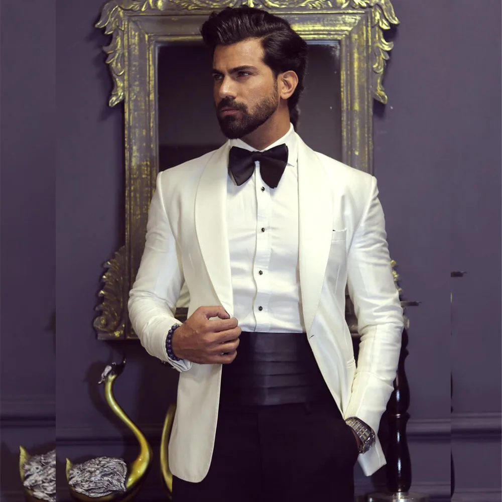 Men Grooming Outfit - Klasyczny styl angielski Biała kurtka Czarne