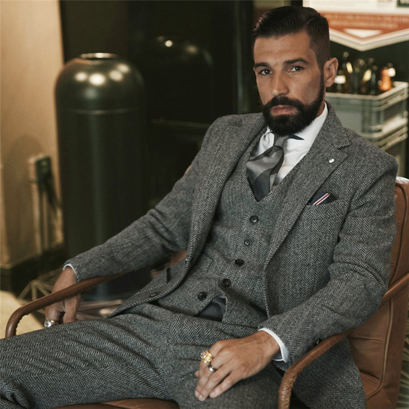 Men Grooming Outfit - Szary wełniany tweedowy garnitur zimowy dla